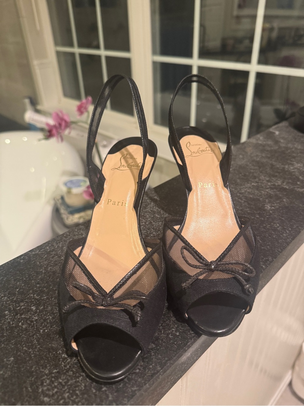 Christian Louboutin Black Mesh Slingback Peep Toe Heels with Bow Size 38